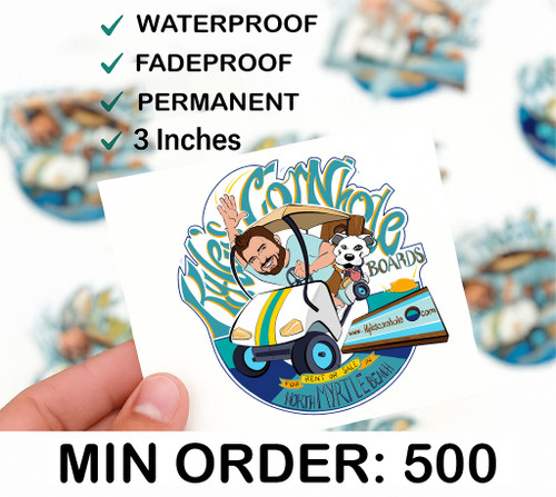 "Custom die-cut sticker featuring a cartoon man and dog riding a golf cart with the text 'Kyle’s Cornhole Boards – North Myrtle Beach' in bright, bold colors."