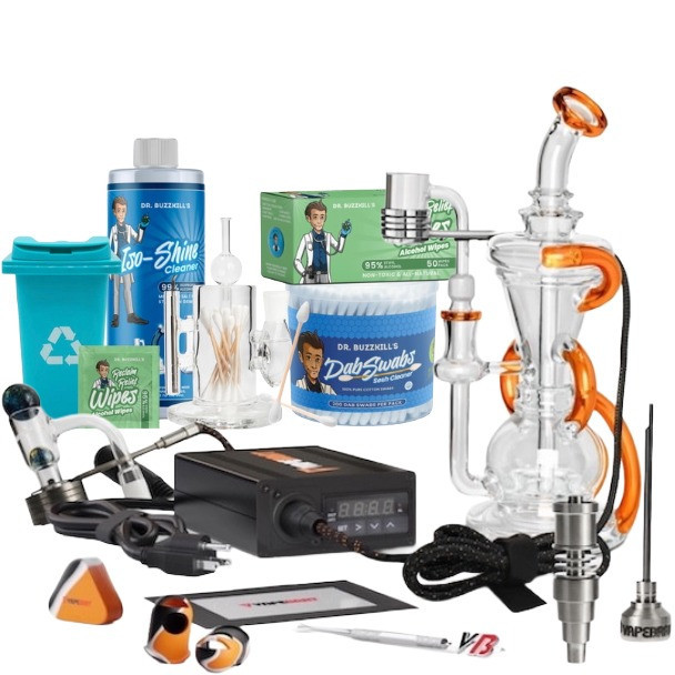 VapeBrat Tres Enail Pro Kit: Recycler Glass Rig with Terp Slurp Banger, Quartz Banger, Ti Nail and XL Cleaning Kit
