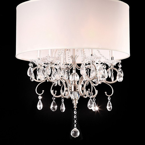 Aletheia Elegant Chrome Ceiling Lamp w/ Hanging Crystals and Ivory Shade