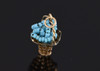 14K Yellow Gold Woven Basket Charm, Blue Beads Inside, Circa 1950