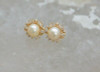 14K Yellow Gold Pearl and Diamond Halo Studs, 7mm Round Pale Peach Centers