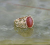 14K YG Red Jade Cabochon Ring Carved Dragon on Each Side, Circa 1990, size 9.75