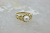 14K Yellow Gold White Pearl and Diamond Halo Ring Size 6.75 Circa 1960