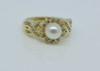 14K Yellow Gold White Pearl and Diamond Halo Ring Size 6.75 Circa 1960