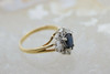 14K Yellow Gold Pear Shaped Sapphire and Diamond Halo Ring Size 6 Circa 1970