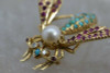 14K Yellow Gold Bee Pin with Pearl Turquoise Ruby & Diamonds Circa 1960