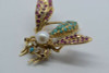 14K Yellow Gold Bee Pin with Pearl Turquoise Ruby & Diamonds Circa 1960