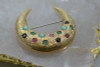 14K YG Crescent Moon Pin with Turquoise Sapphire Ruby & Emerald Circa 1950