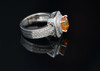 14K White Gold Diamond Halo and Orange Sapphire Ring, Size 7.5