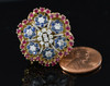 18K Yellow Gold Sapphire, Ruby and Diamond Cluster Ring Circa 1960, Size 3.75