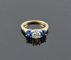 14K White Gold Diamond and Sapphire 3 Stone Ring, Size 6