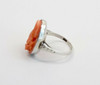 14K White Gold Orange Red Coral cameo Ring Circa 1930, Size 6.75