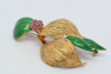 18K Yellow Gold Ruby and Enamel Floral Pin, Circa 1950