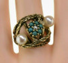 14K Yellow Gold Brutalist Pearl and Turquoise Ring Size 6.5 Circa 1970