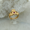 14K Yellow Gold Claddagh Ring with Red Center Stone size 6.5