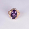 14K Yellow Gold Large Oval Amethyst and Diamond Chip Ring, size 4