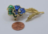 Vintage 18K Yellow Gold Green and Blue Enameled Floral Brooch with Diamonds