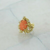 14K Yellow Gold Brutalist Pink Coral Cabochon & Diamond Ring Size 5.5 Circa 1970