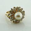 14K YG Large White Pearl and 1.2ct Est. Diamond Halo Ring Size 6 Circa 1970