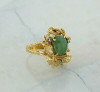 14K Yellow Gold Brutalist Jade Cabochon and Diamond Ring Size 8 Circa 1970