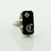 14K WG Filigree C Monogram Black Onyx and Diamond Ring Size 4.75 Circa 1930