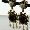 14K Yellow Gold Black Onyx and Pearl Drop Ear Pendants Circa 1960