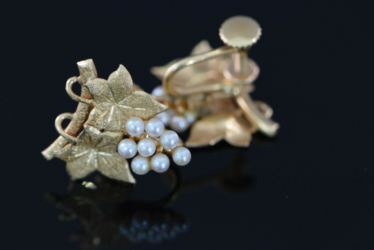 14K Yellow Gold Pearl Grape Cluster Screw Back Earrings - Colonial