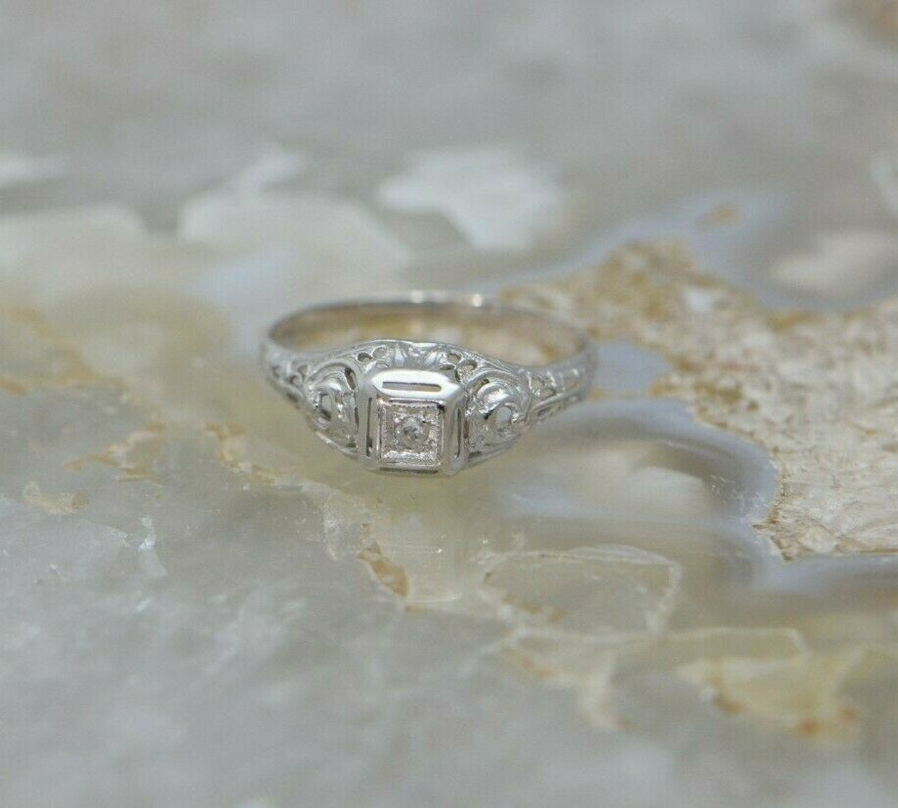 14K WG Petite Filigree Diamond Ring Pierced Decorations Circa 1930 Size 5