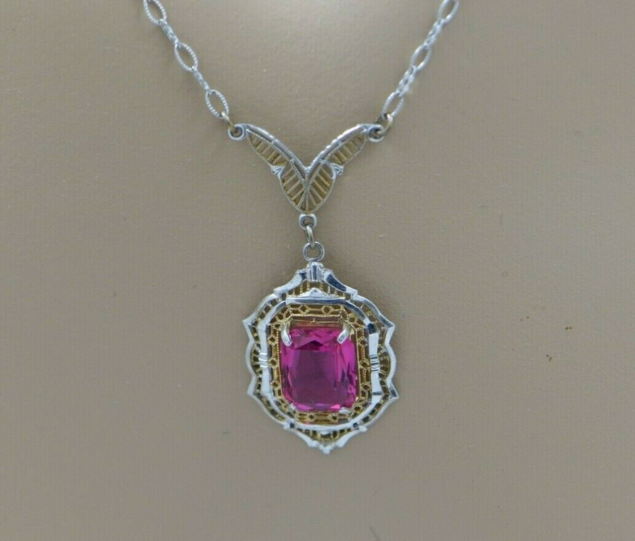 Art Deco Filigree Diamond Necklace With Pink Sapphire In 18K Rose Gold