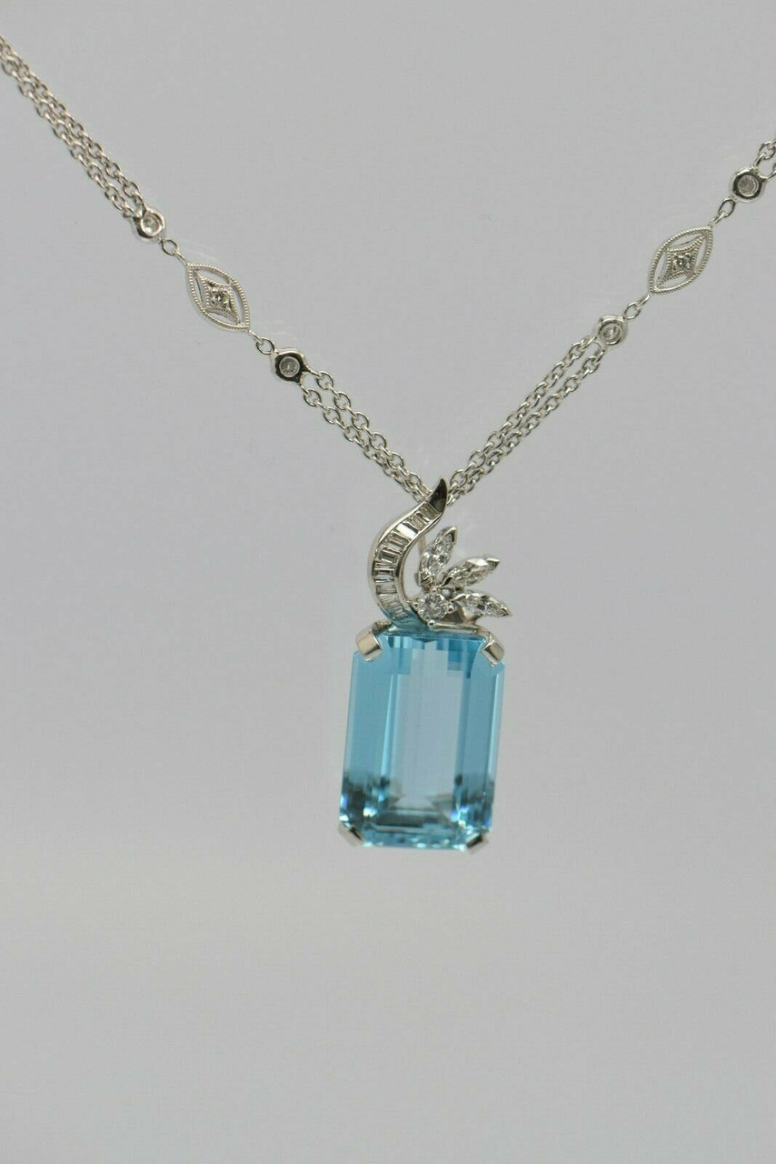 Splendid 48.46 Carat Cushion Cut Aquamarine Pendant in a 14 Karat White  Gold Chain, GIA SEA Wave Diamonds