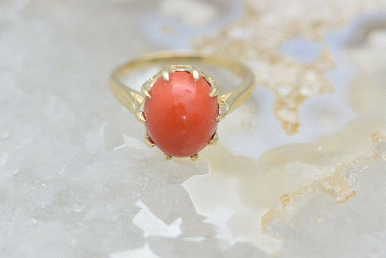 Red Coral Diamond 18k Solid Gold Ring Vintage Ring Size 5 - Etsy