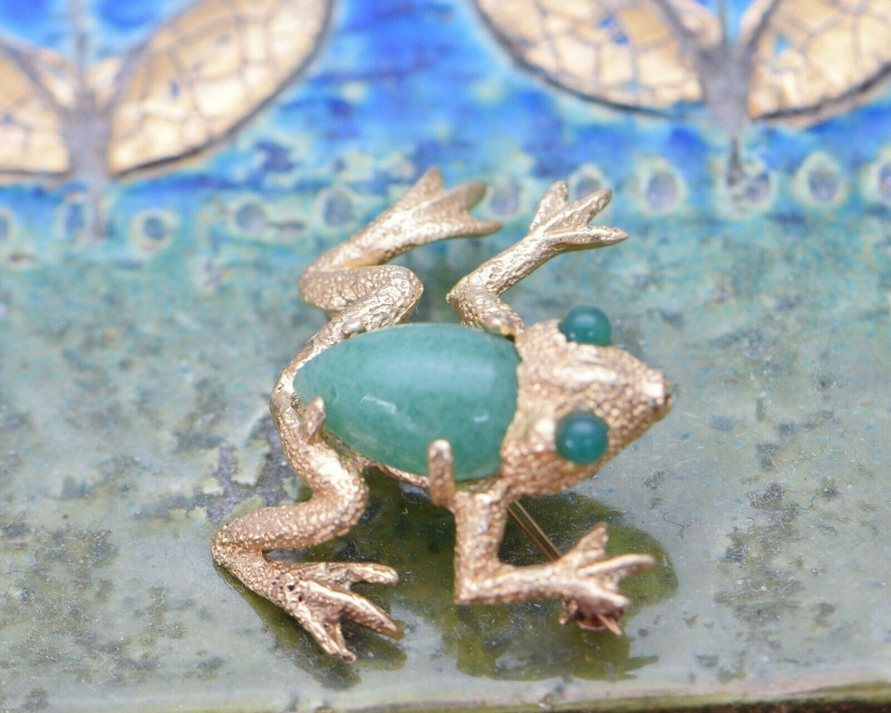 Cellin 14K Yellow Gold and Enamel Green Frog Pin Brooch