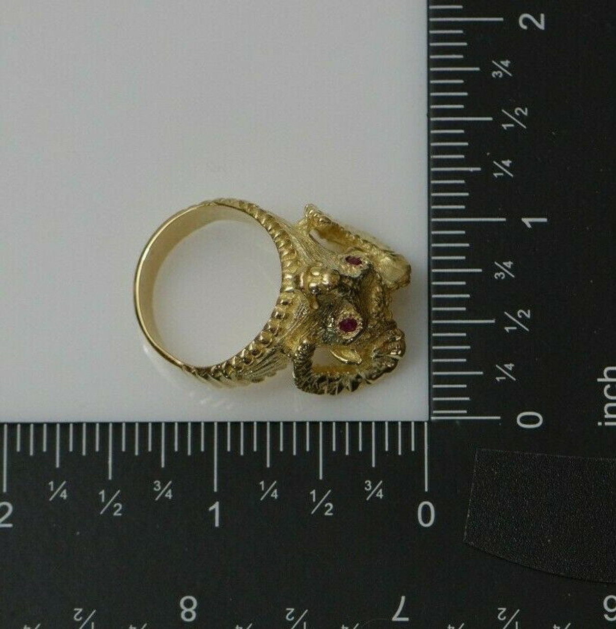 14K Large YG Rams Head Ring with Ruby Eyes Handmade Size 8.75 Circa 1980