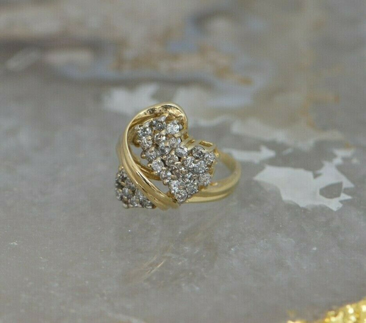 14K YG Diamond Cocktail Ring Heart Shape Diamonds Artistic Design Size 6