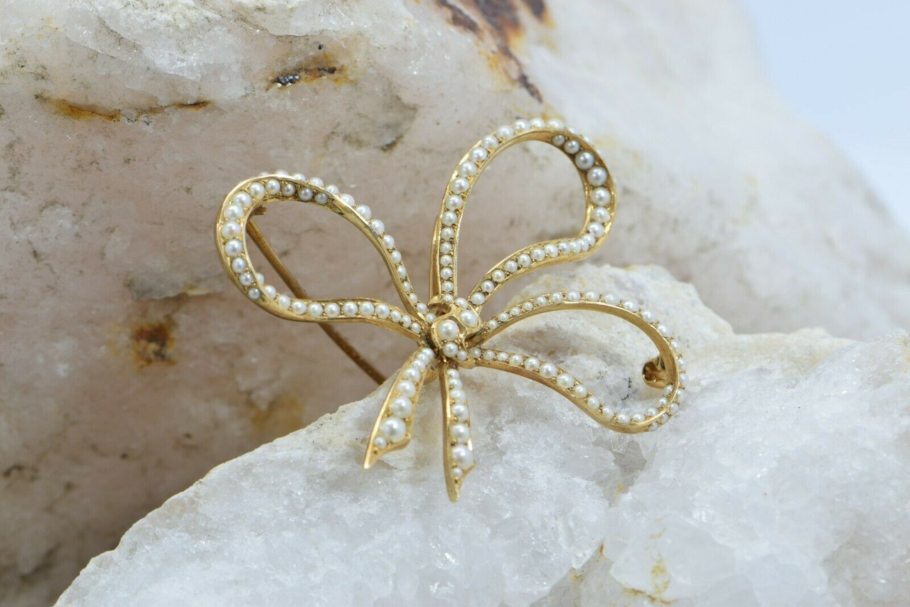 Diamond Bow Brooch Pin Pendant 14K Yellow Gold