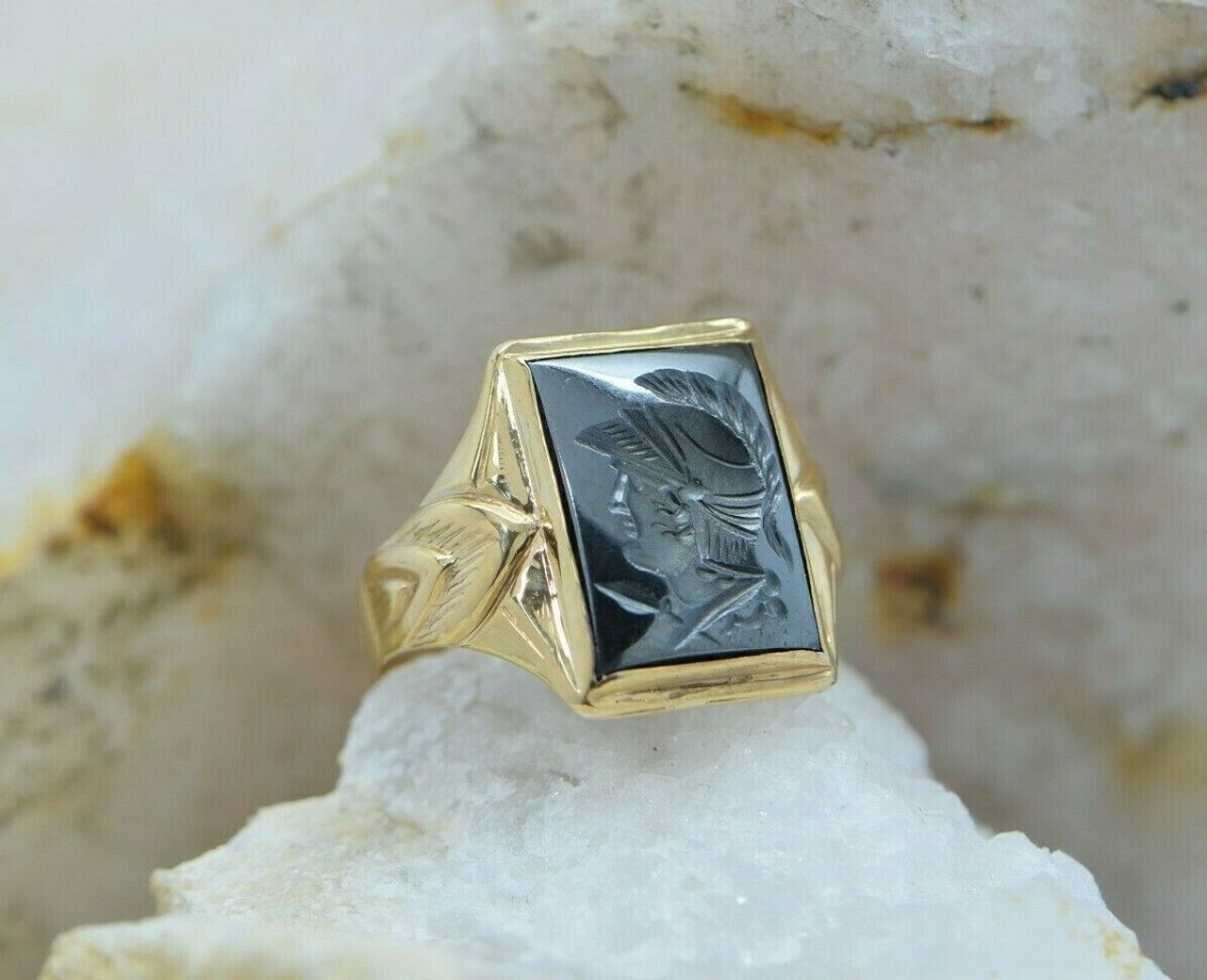 10K Yellow Gold Fine Quality Hematite Roman Soldier Ring Size 10