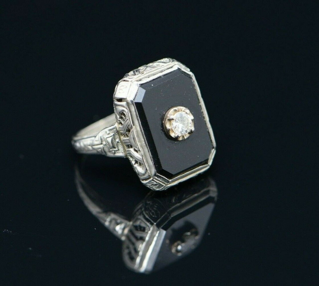 Vintage 14k Wg Filigree Black Onyx Ring 1 4 Ct Diamond Center Circa 1930 Size 4 Colonial Trading Company
