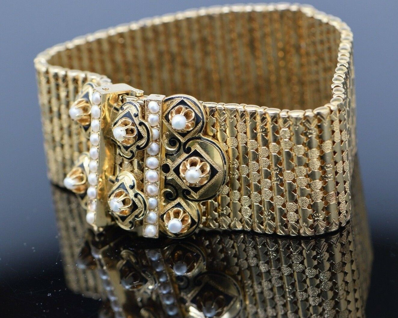Victorian Gold Enamel & Pearl Locket Bracelet