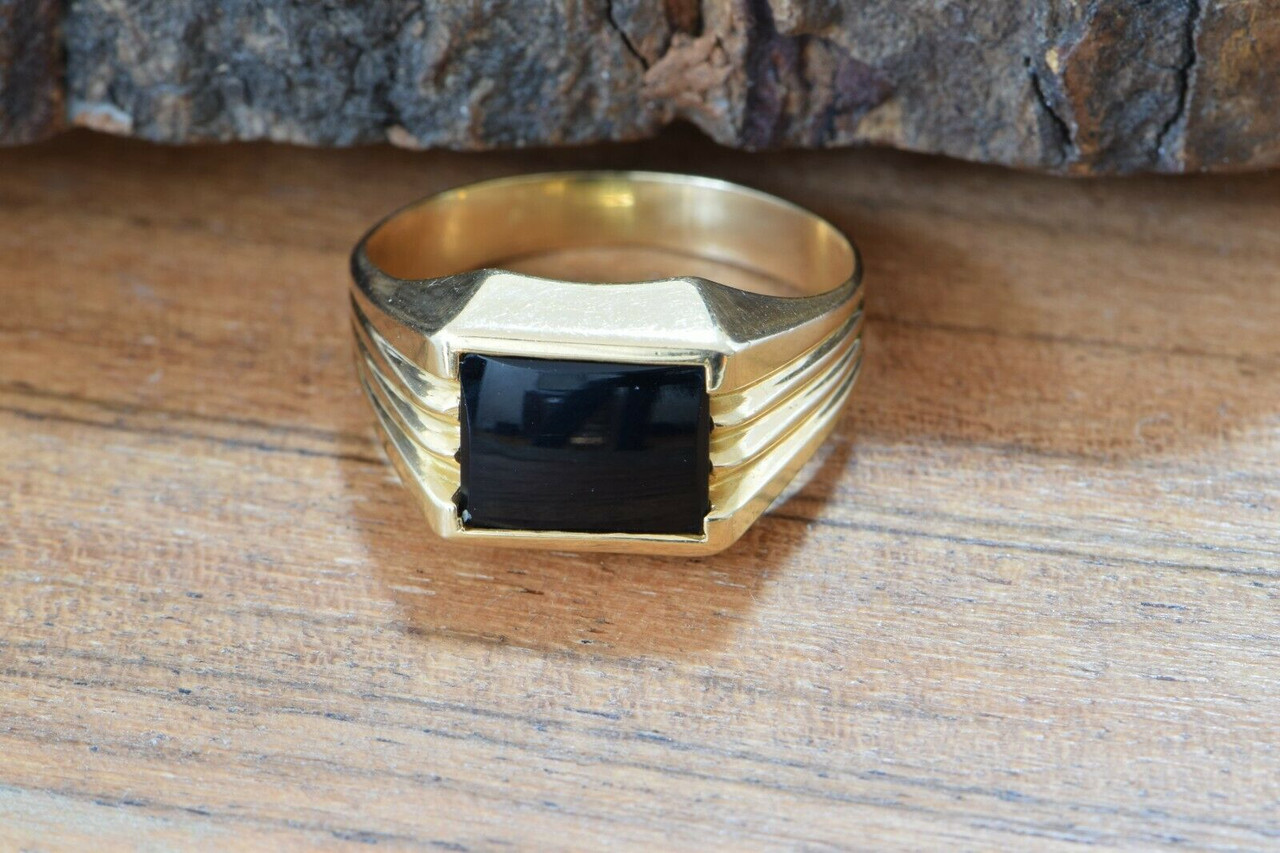 Vintage 19K Dark Yellow Gold Black Onyx Ring Art Deco Style Size 8.75 Circa  1960