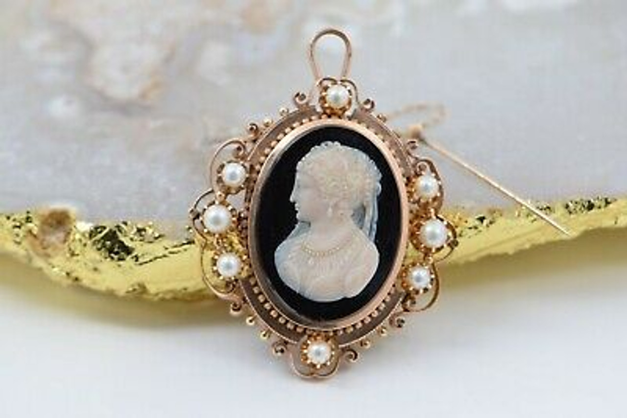 Antique 14K YG Cameo Portrait Pendant Victorian Eastlake Style Frame Circa  1870