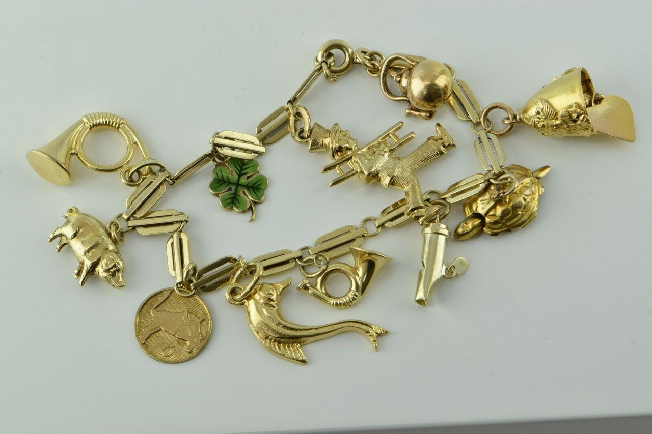 Second Hand Vintage 9ct Yellow Gold Hallmarked Birmingham 1988 13 Various  Charms Attached 7.5 Inch Charm Bracelet 4123001 