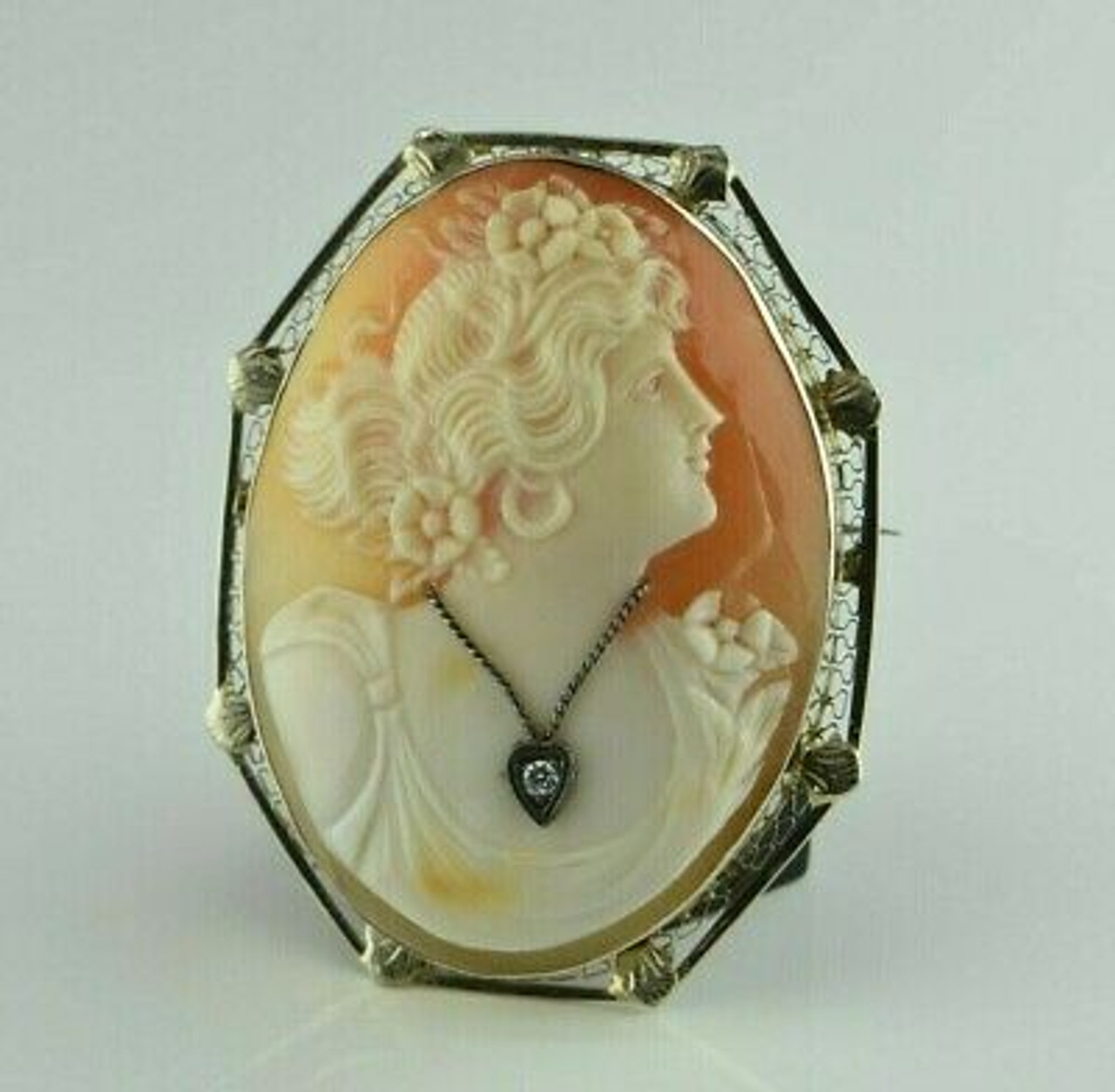 Excellent 14K White Gold Cameo Shell Pin Brooch or Pendant