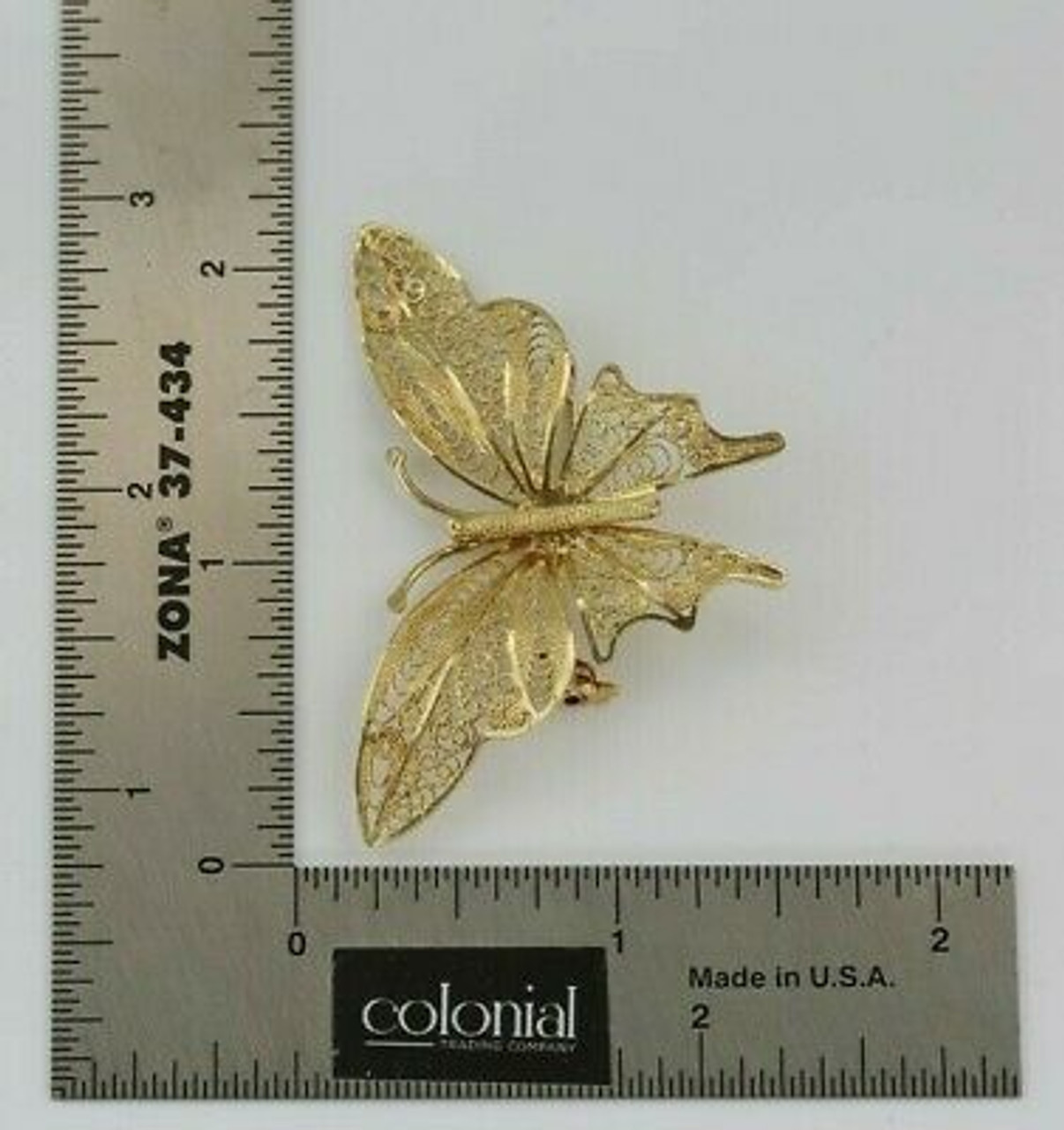 14K Yellow Gold Filigree Butterfly Pin Circa 1980 - Colonial Trading Company