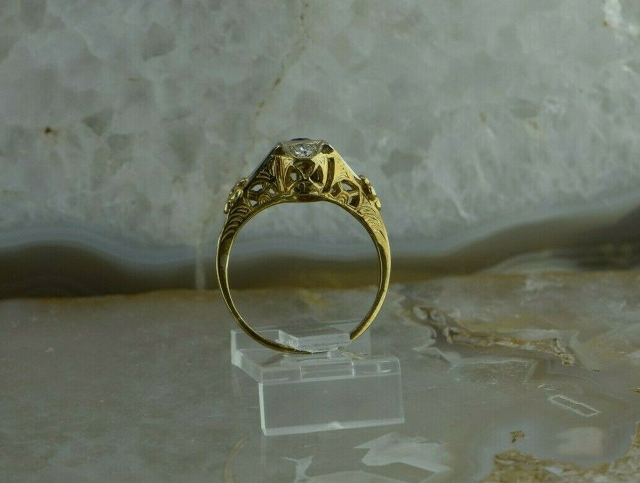 Vintage Woven Filigree Diamond Solitaire Engagement Ring 14K Yellow Gold