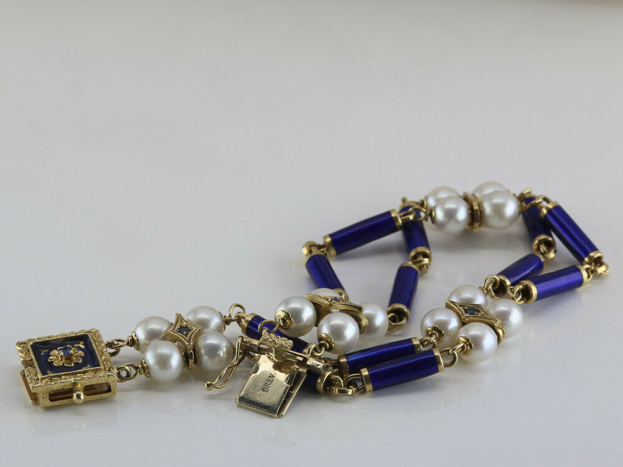 18K Italian Made Yellow Gold Pearl and Blue Enamel 2 Strand Bracelet