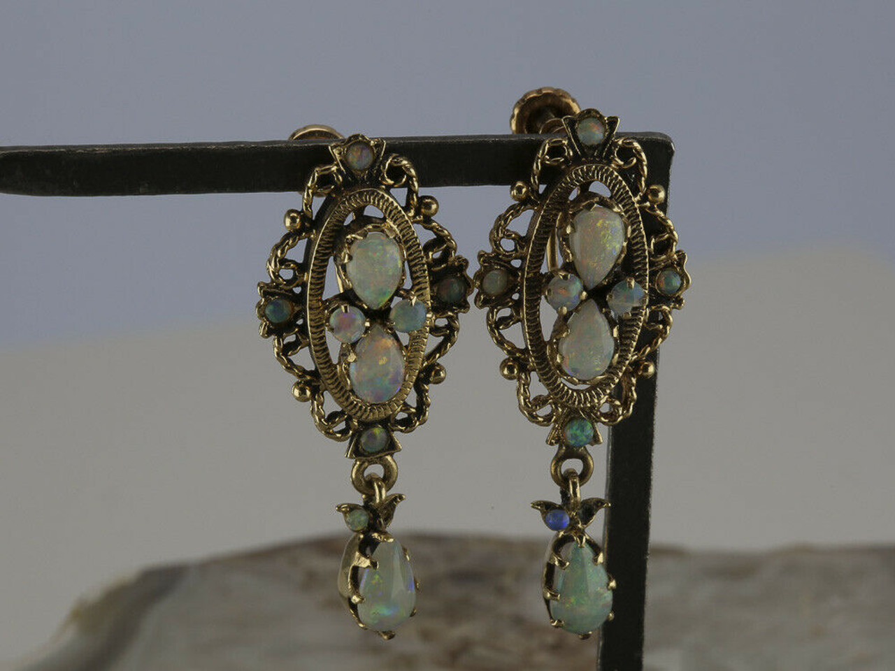 Vintage Black Opal Bezel Gold Stud Earrings Fine Estate Jewelry