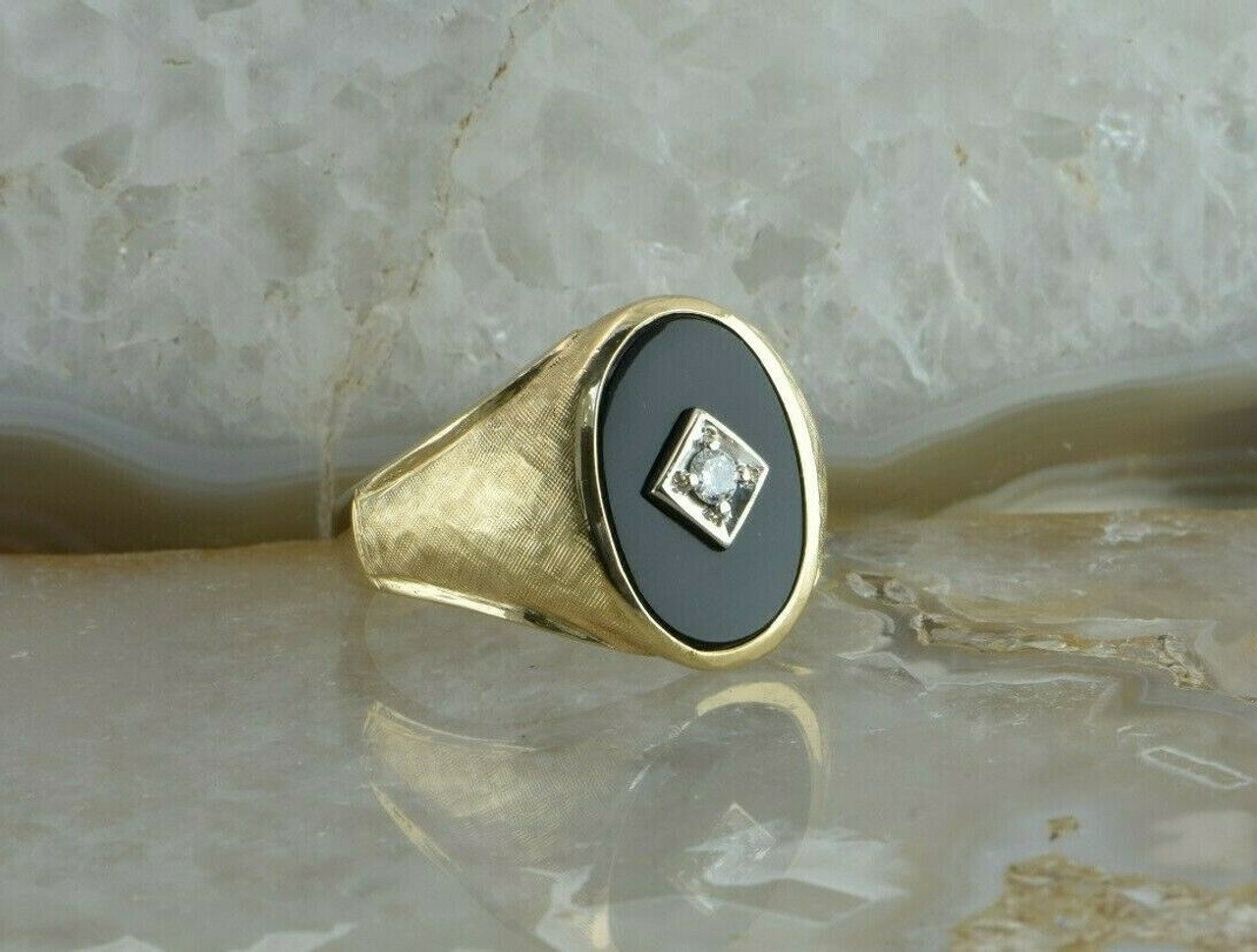 Vintage 14K Yellow Gold Black Onyx and Diamond Center Ring Size 13 Circa  1950