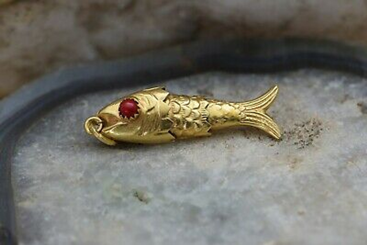 18K Yellow Gold Articulated Fish Pendant with Red Coral Eyes, Circa 1950 -  Colonial Trading Company