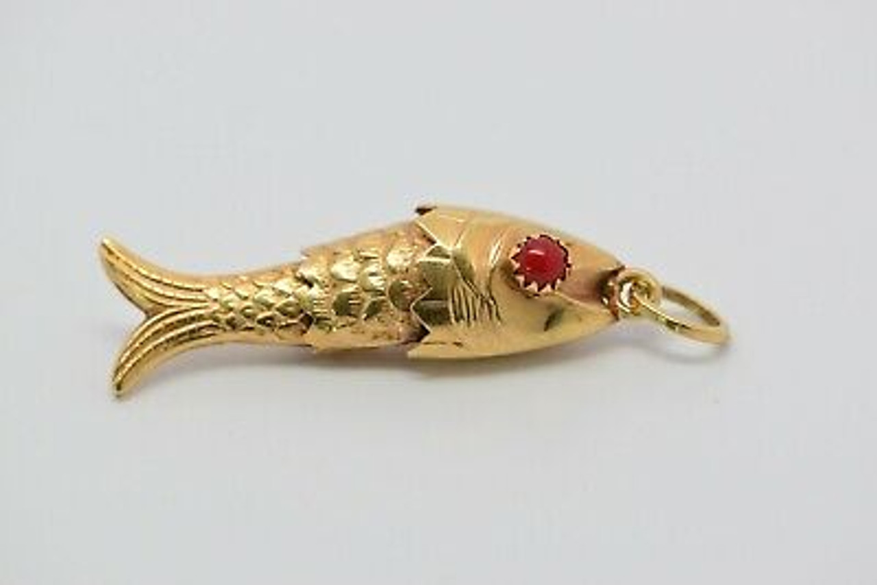 18K Yellow Gold Articulated Fish Pendant with Red Coral Eyes, Circa 1950