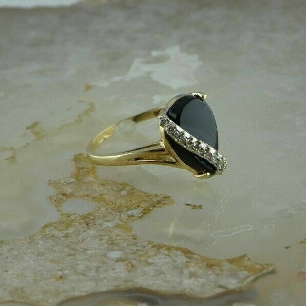 Hexagon cut black onyx ring vintage solid 14k yellow gold leaf moon un –  Ohjewel